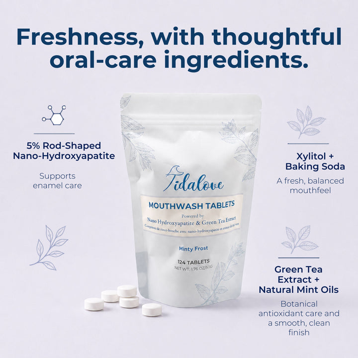 Mouthwash tablets refill pouch with jar and loose white tablets on a counter