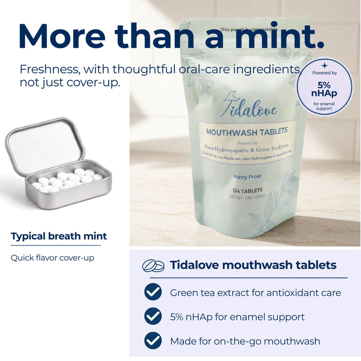 Mouthwash tablets pouch with metal tin holding white tablets and mint-flavor text