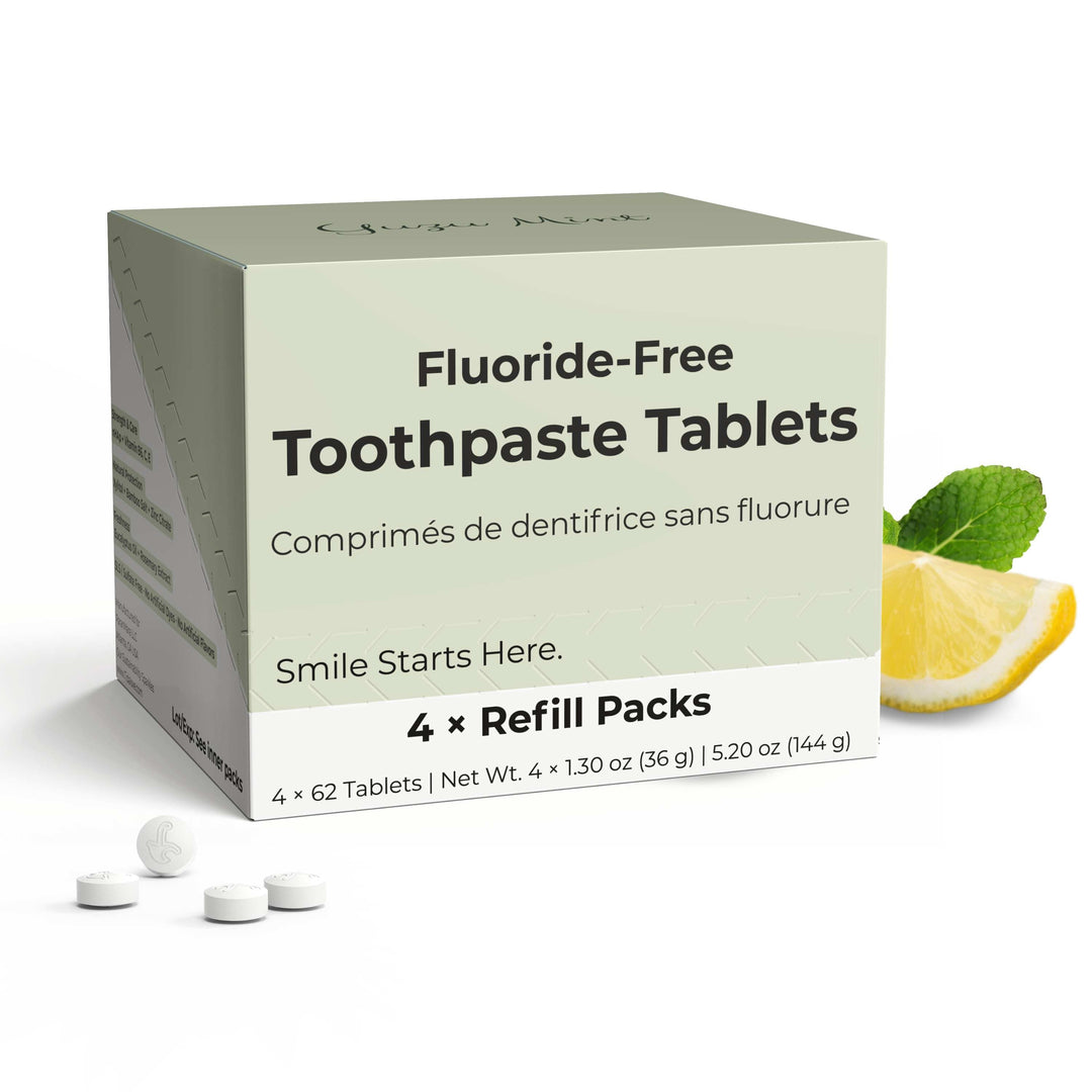 Fluoride-free toothpaste tablets box with 4 refill packs