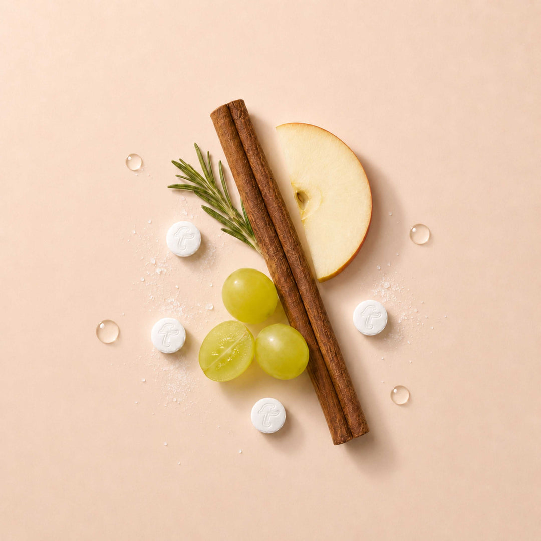 Fluoride-free cinnamon toothpaste tablets with cinnamon stick, fruit, and herbal accents