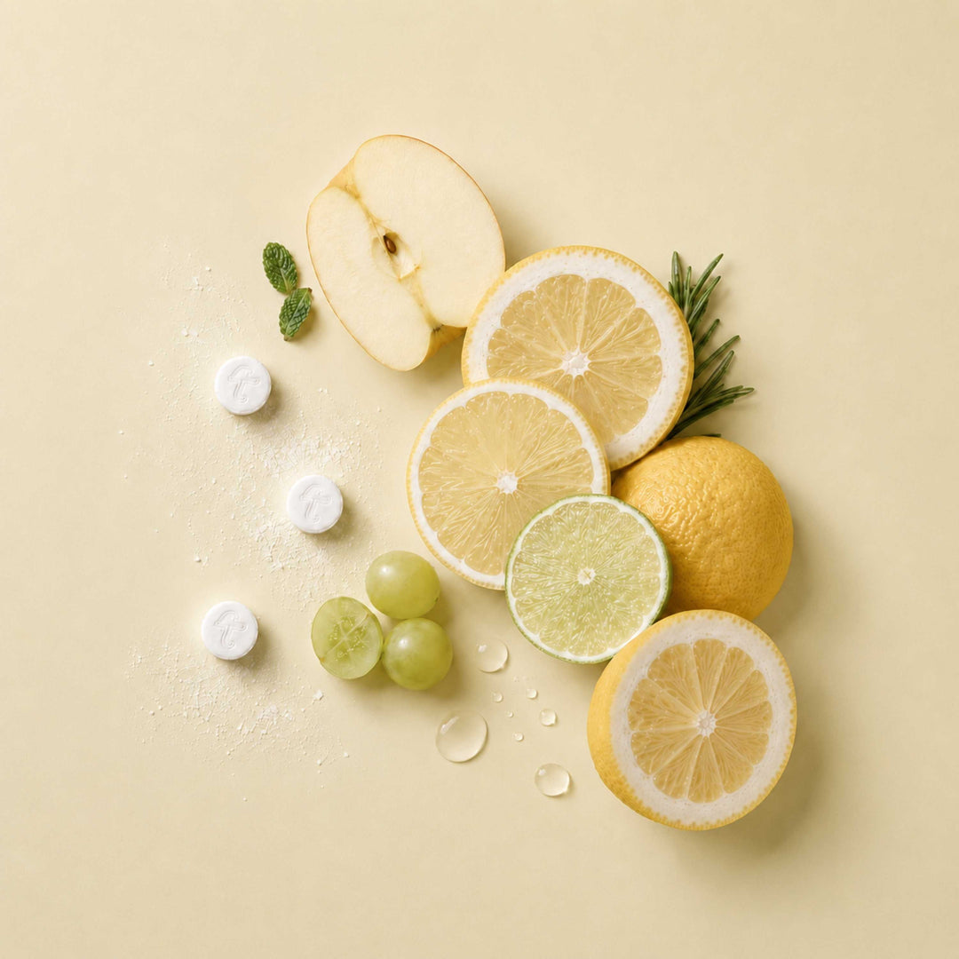 White yuzu mint toothpaste tablets with citrus slices, mint leaves, and loose tablets