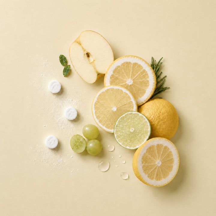 Fluoride-free toothpaste tablets with yuzu slices and mint leaves