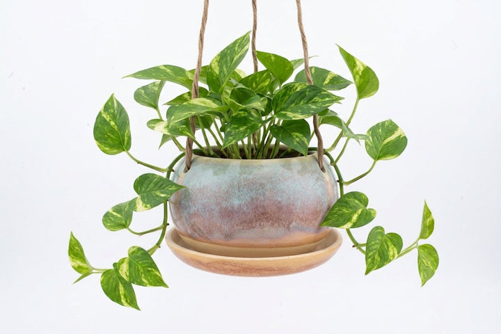 Glazed hanging planter with rope handles and round saucer base, pastel pink-beige