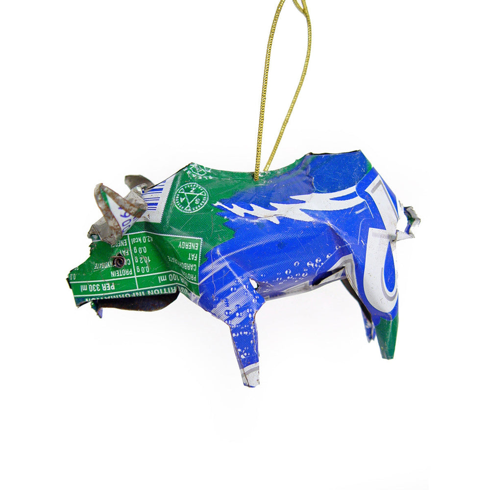 Recycled tin buffalo ornament on gold string, blue and green printed foil design
