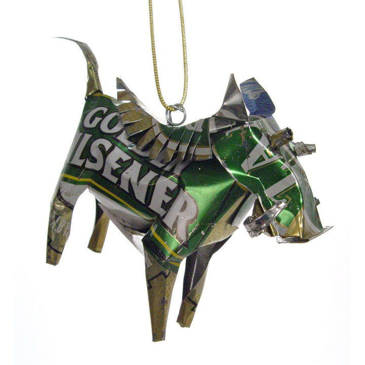Recycled metal warthog sculpture with green patterned tin panels and hanging loop