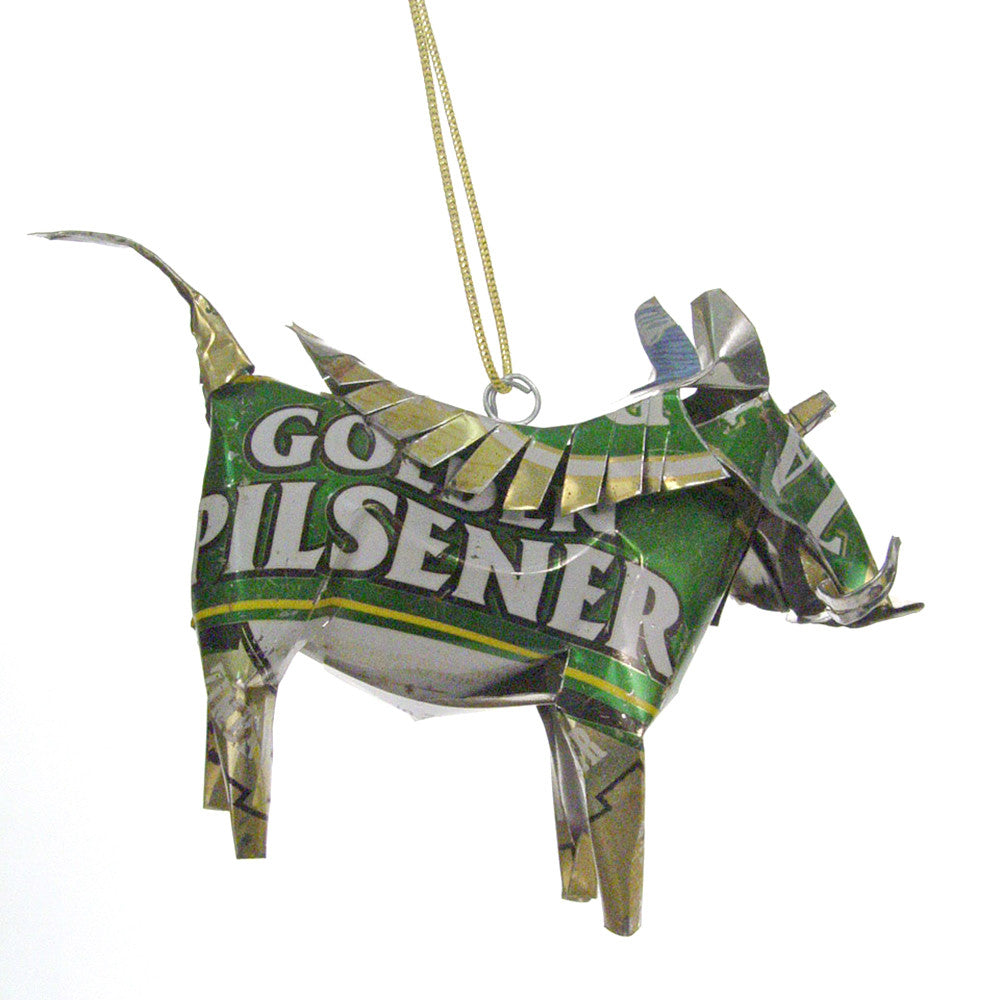 Recycled metal warthog ornament with green glossy tin finish and gold hanging chain