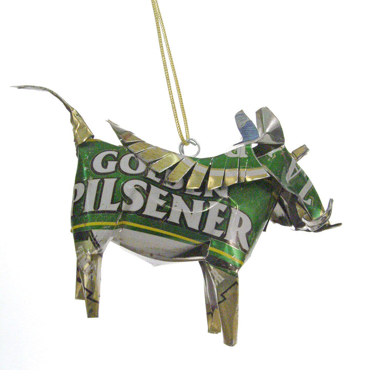 Recycled metal warthog ornament with green glossy tin finish and gold hanging chain