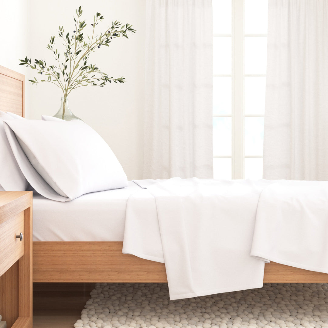 Winter white cotton flannel sheet on bed with matching pillowcase