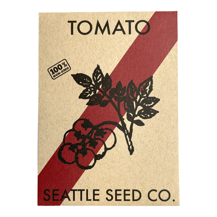 Tomato seed packet with Seattle Seed Co. branding and tomato illustration