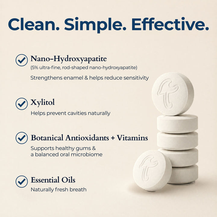White fluoride-free toothpaste tablets stacked