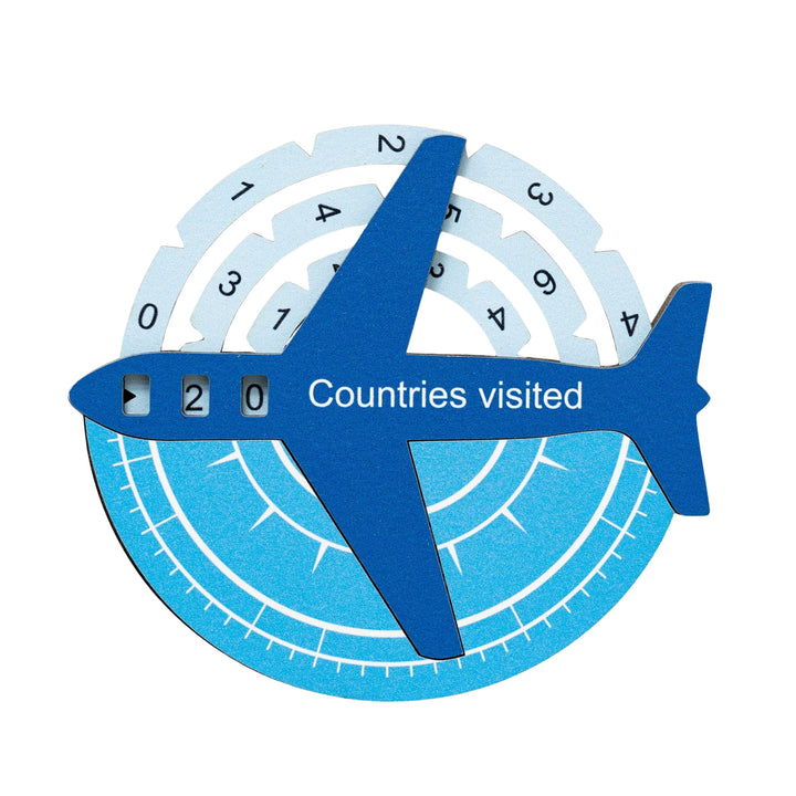 Azure blue 3D wooden travel tracker compass with “Countries visited” ribbon