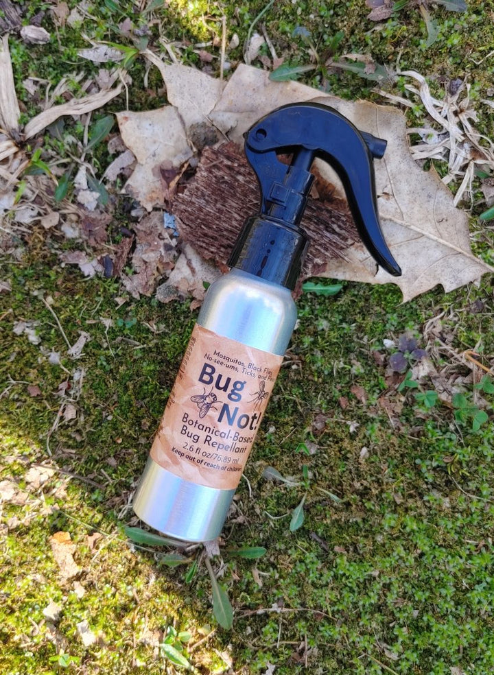 Bug Not plant-based insect repellent spray bottle with blue trigger, silver canister