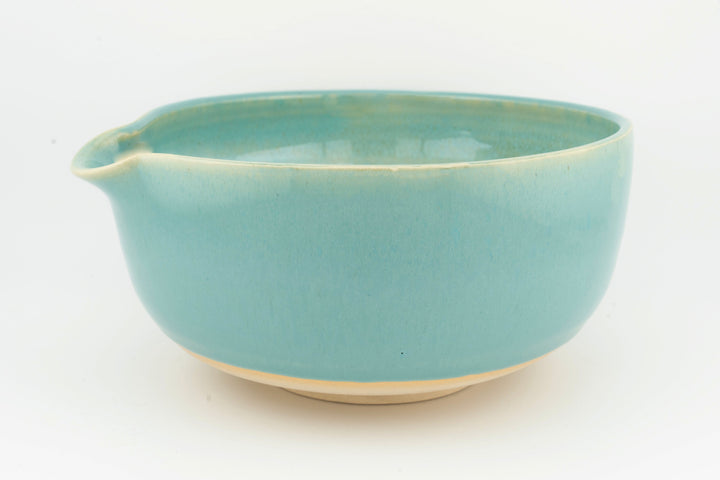 Ceramic bowl with optional spout, light turquoise glaze with scalloped spout