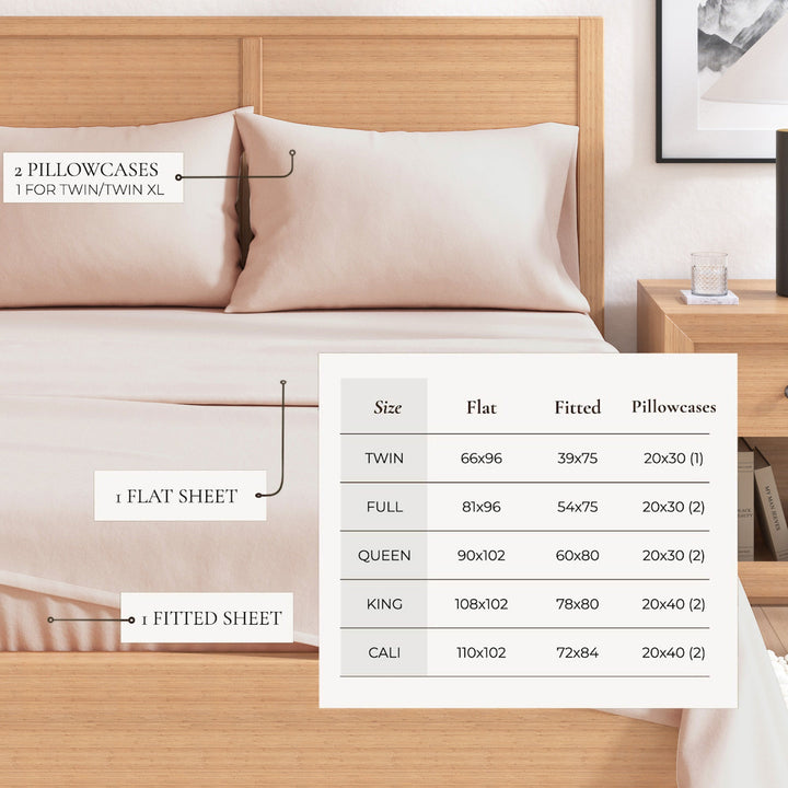 Light cream cotton flannel sheet set with size chart overlay