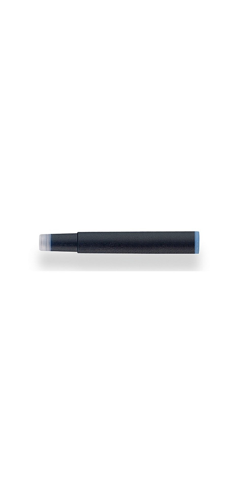 Black ink cartridge for fountain pen, side view with clear tip