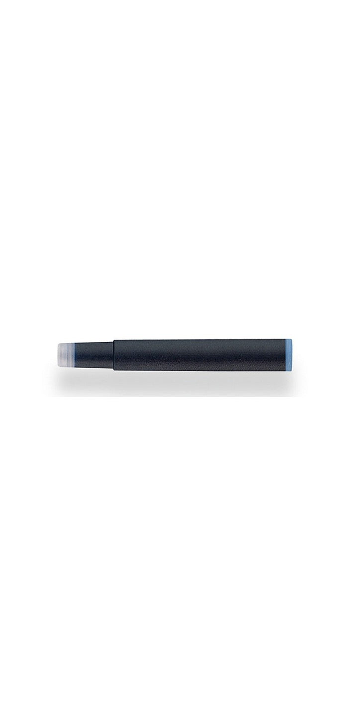 Black ink cartridge for fountain pen, side view with clear tip
