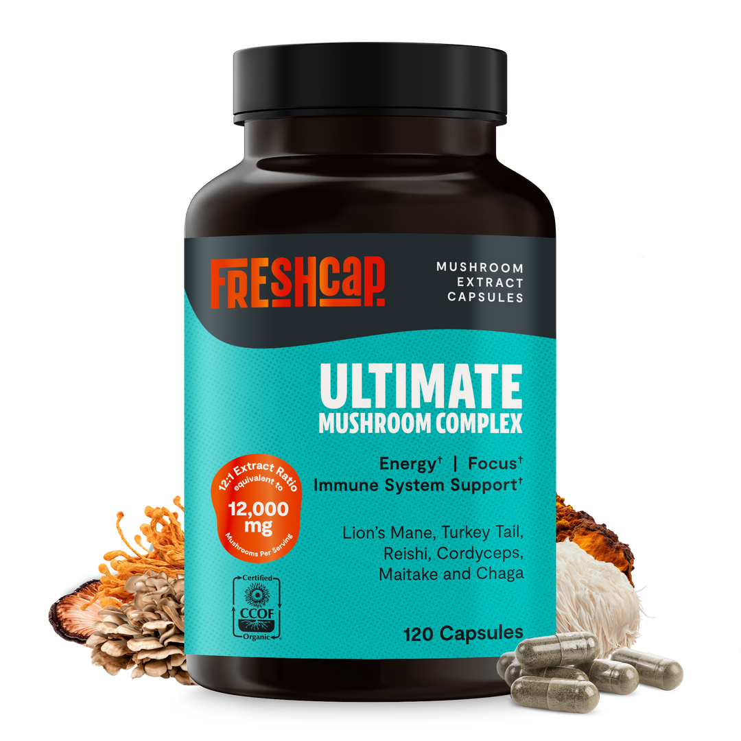 Black supplement bottle with teal Ultimate Mushroom Complex label, 12,000mg, 120 capsules