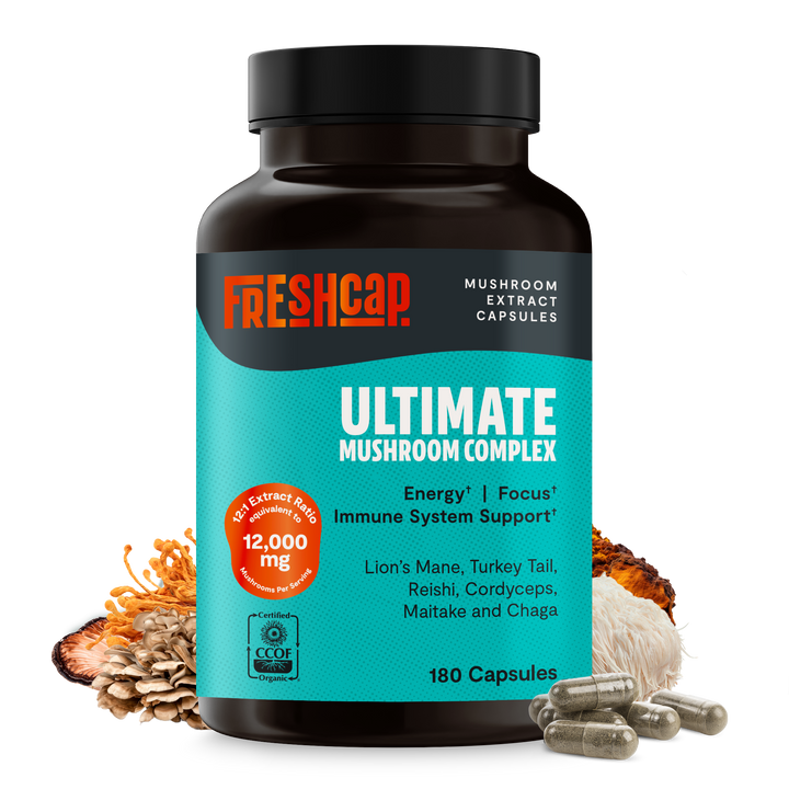 Freshcap Ultimate mushroom complex bottle with mushroom caps and capsule details