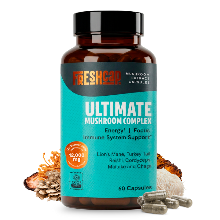 Ultimate mushroom complex supplement bottle with teal label, 60 capsules