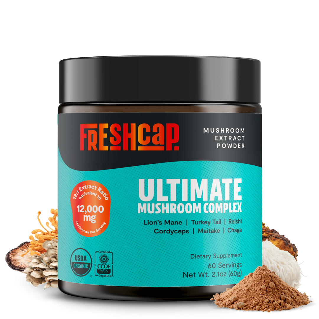 Freshcap Ultimate mushroom complex powder blend jar with teal label and black lid