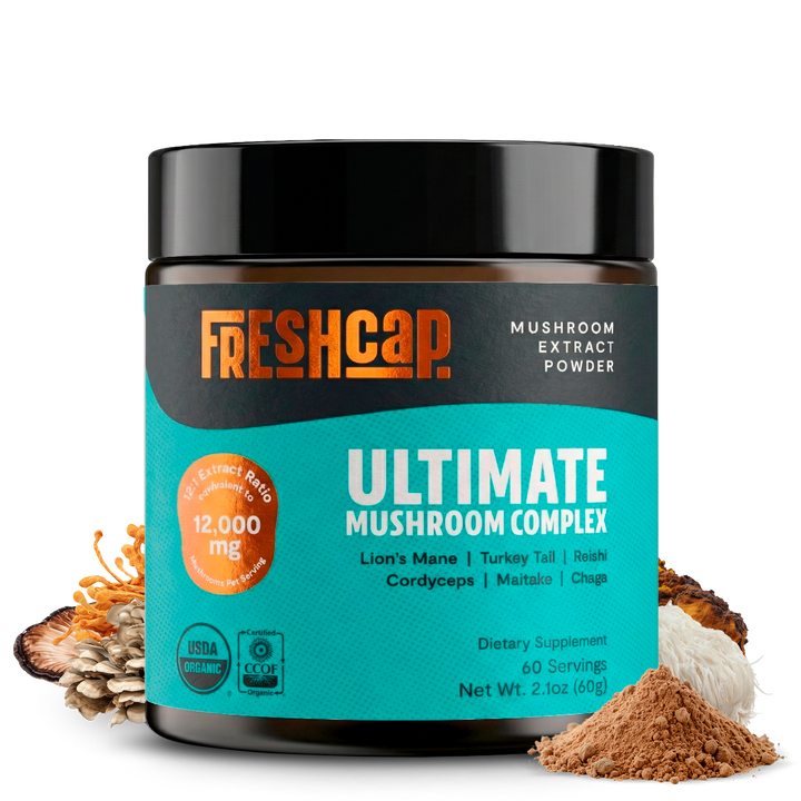 Ultimate mushroom complex powder supplement jar with mushrooms and powder mound