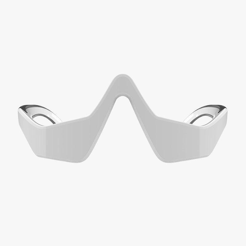 Under-eye massage glasses front close-up, white frame and raised center bridge