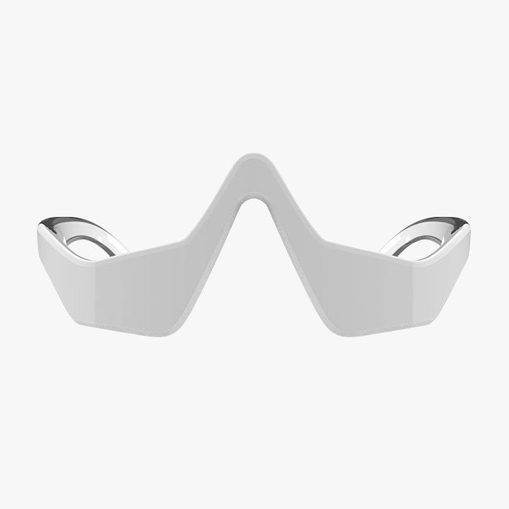 Under-eye massage glasses front close-up, white frame and raised center bridge