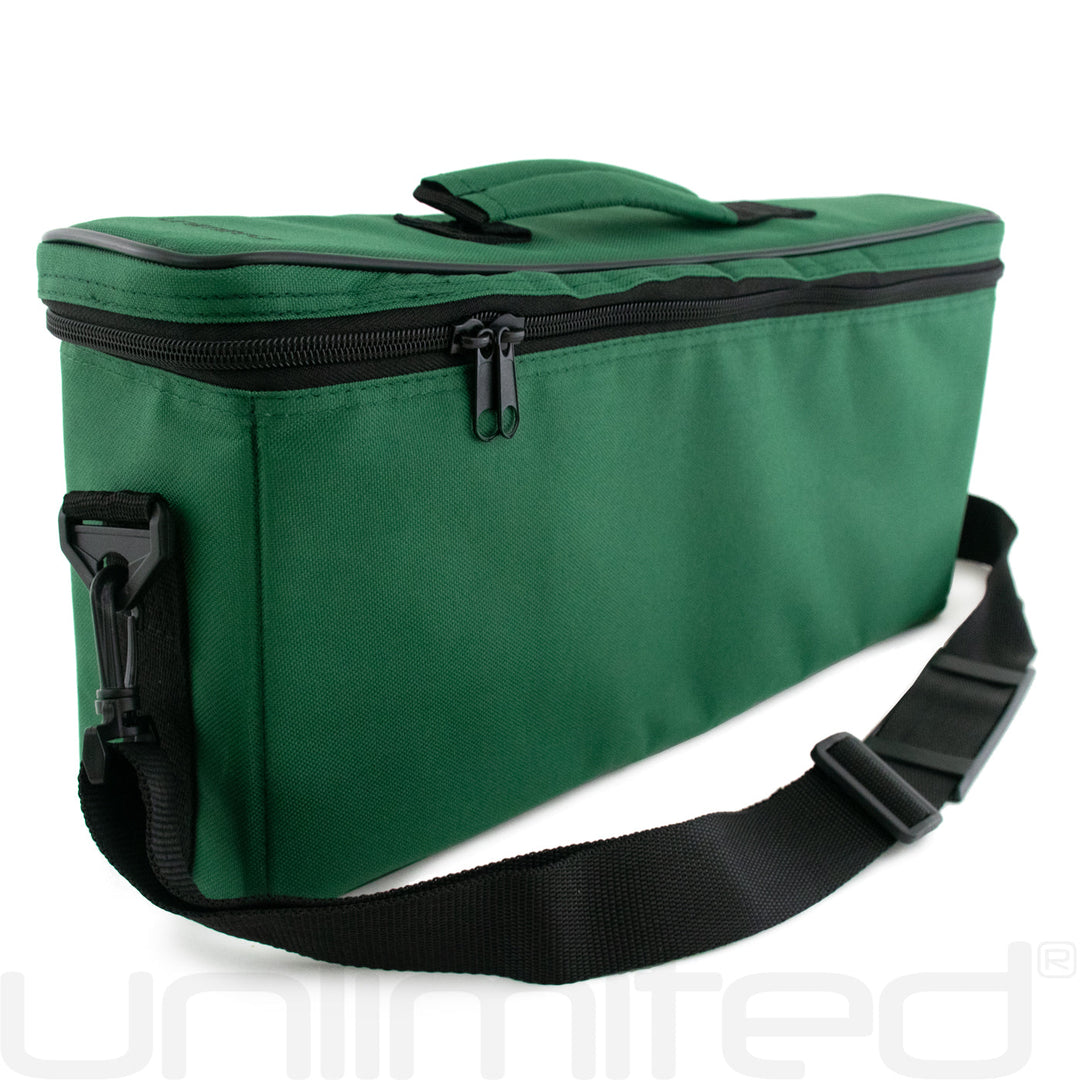 Green chime storage case with black zipper and adjustable shoulder strap