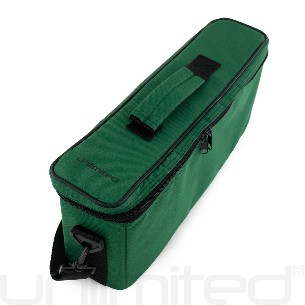 Green chime case with end handle, black zipper pocket, and shoulder strap