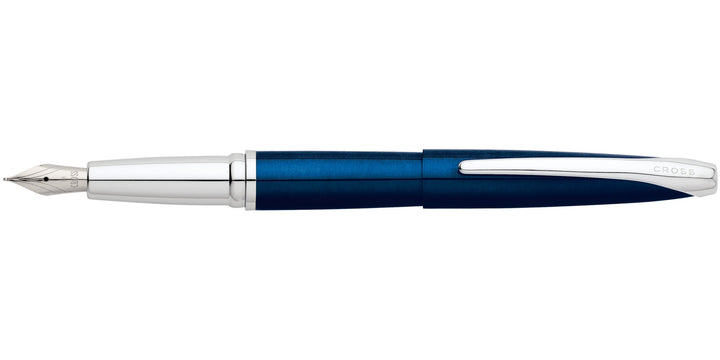 Translucent blue lacquer fountain pen in profile, silver trim and clip