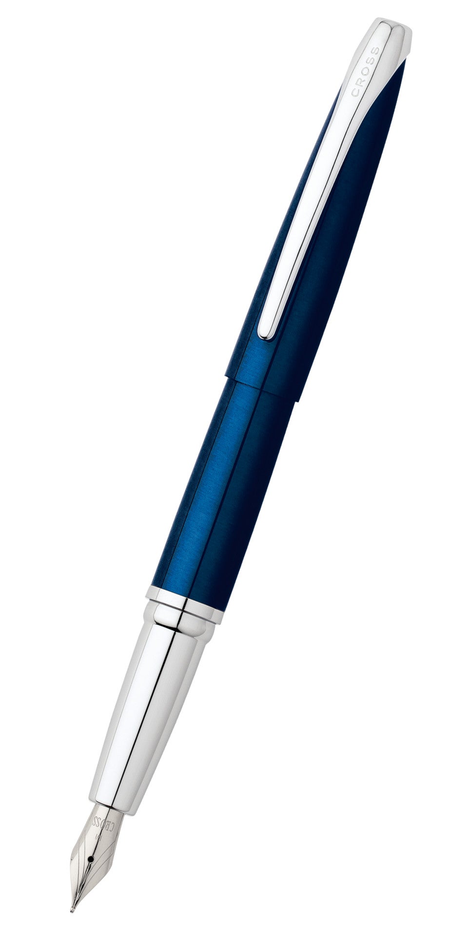 Translucent blue lacquer fountain pen with silver body and visible fine nib