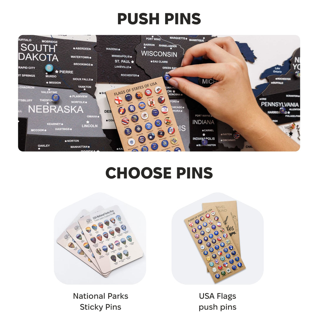 USA map push pin placement guide with hand pointing over state labels