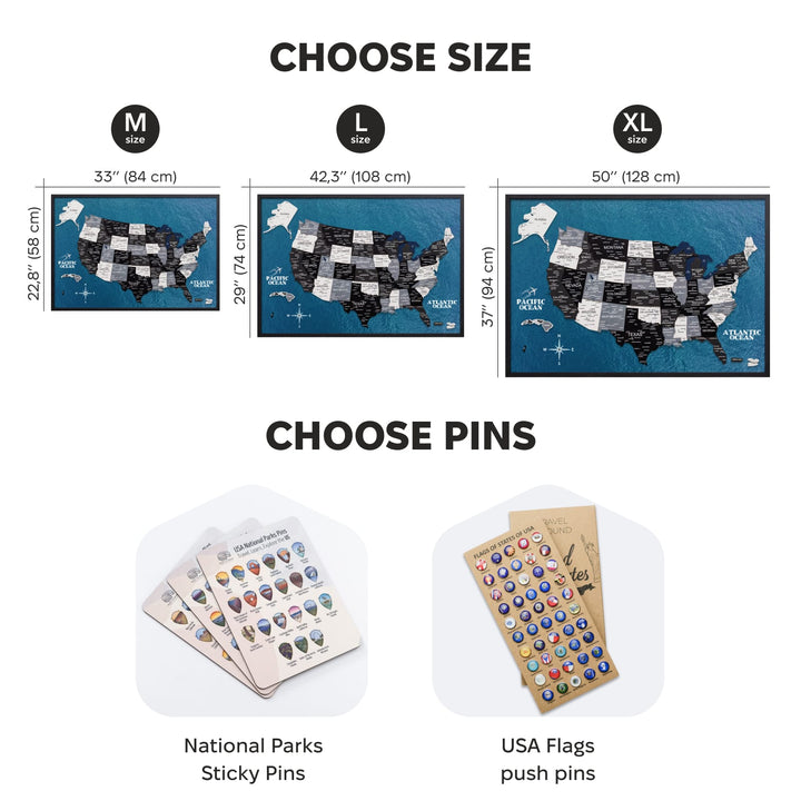 USA map size and push pin options chart for M, L, and XL boards