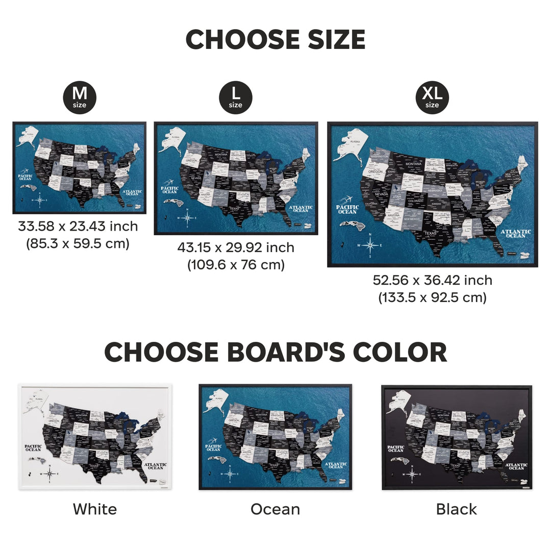 USA map board size and board color options: white, ocean, and black