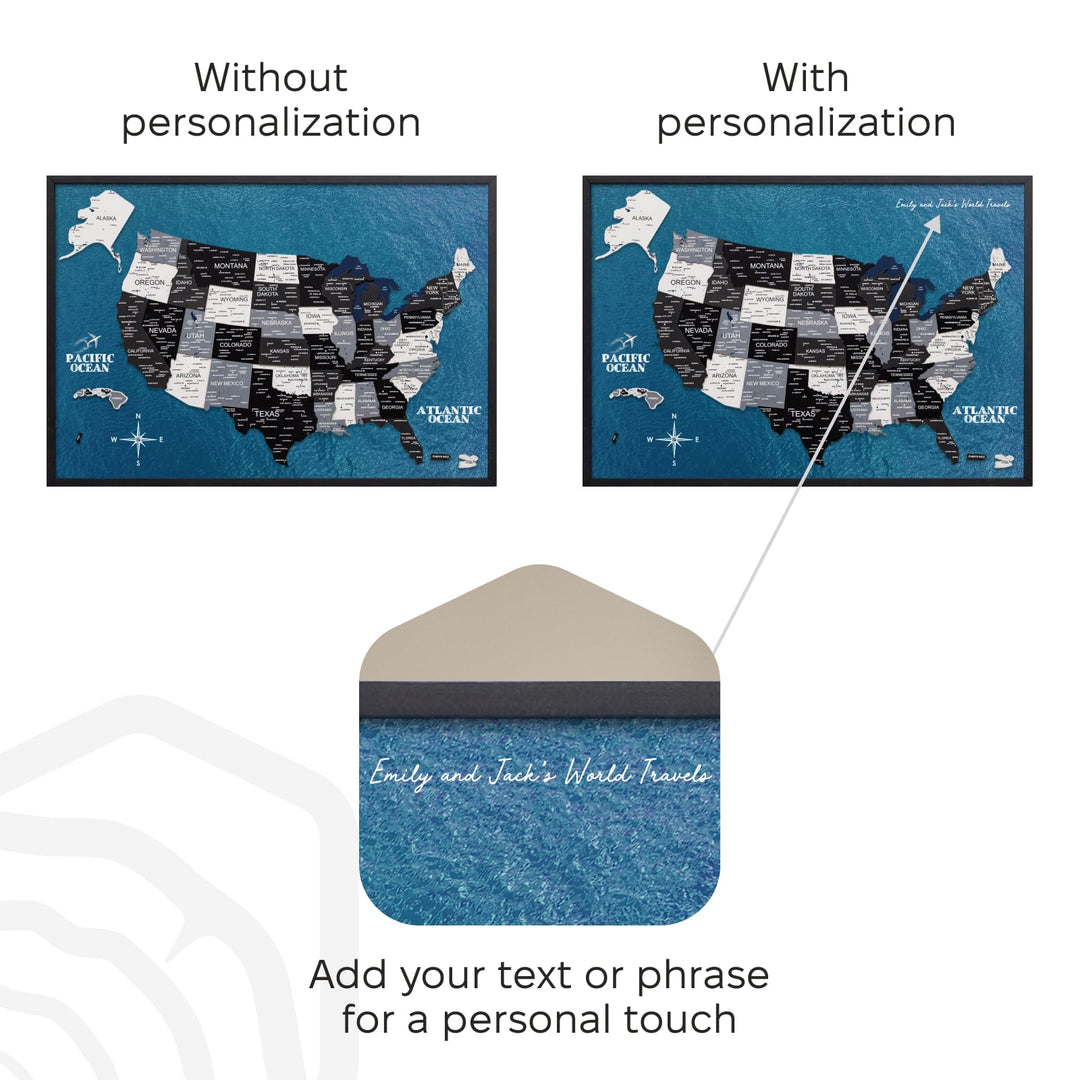 USA map personalization example with suggested text area on board