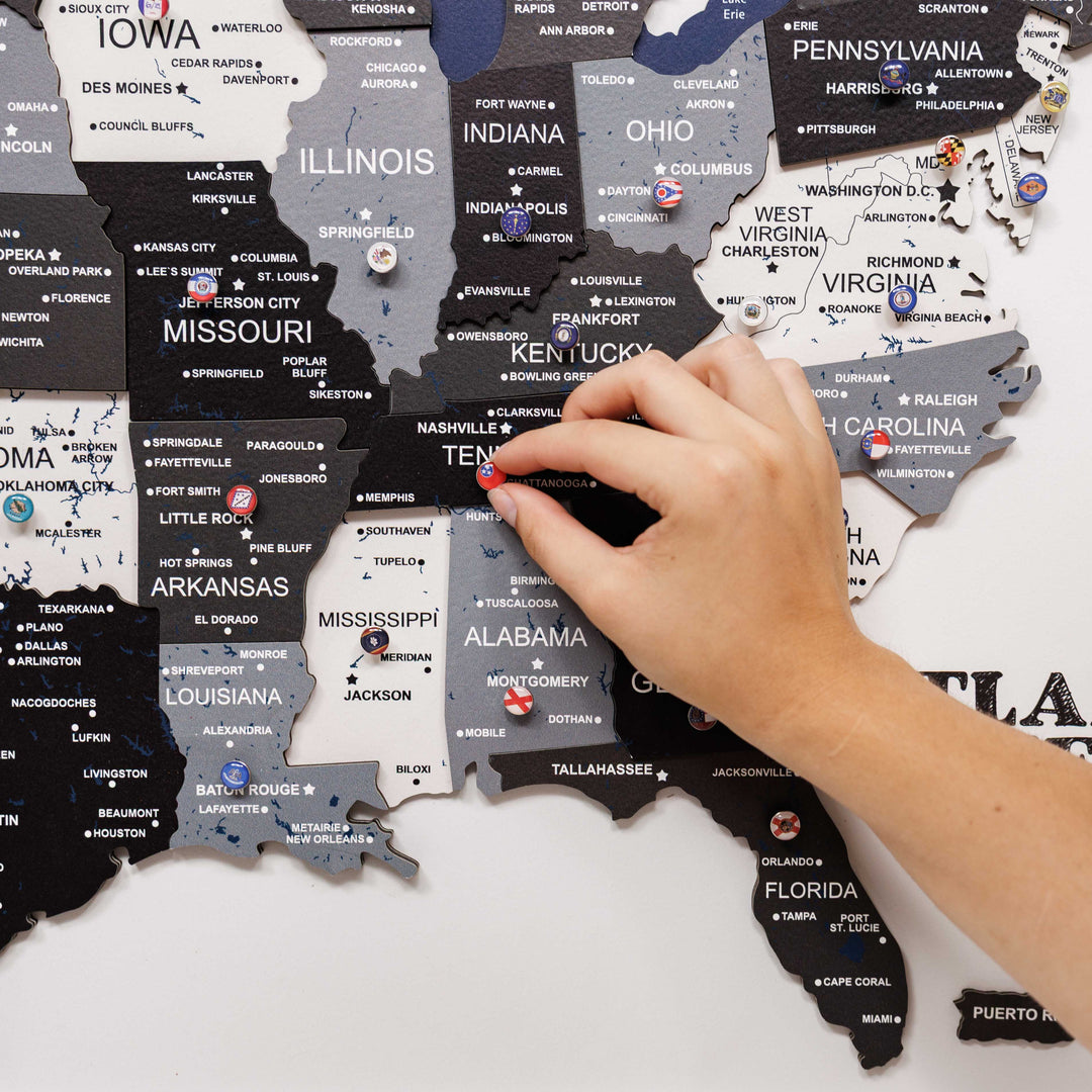 Close-up of 3D wooden USA map showing raised Midwest and Southwest states