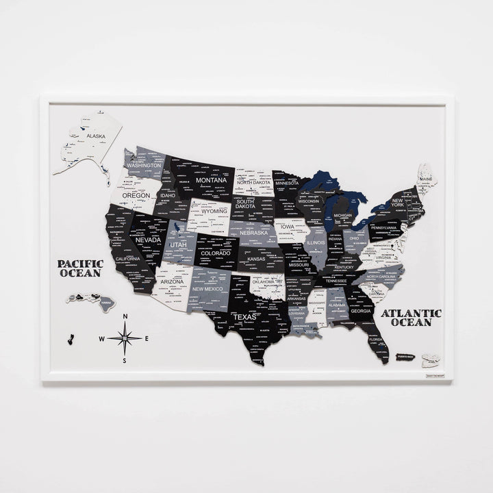 Full 3D wooden USA map on board with raised state cutouts and Pacific/Atlantic ocean text