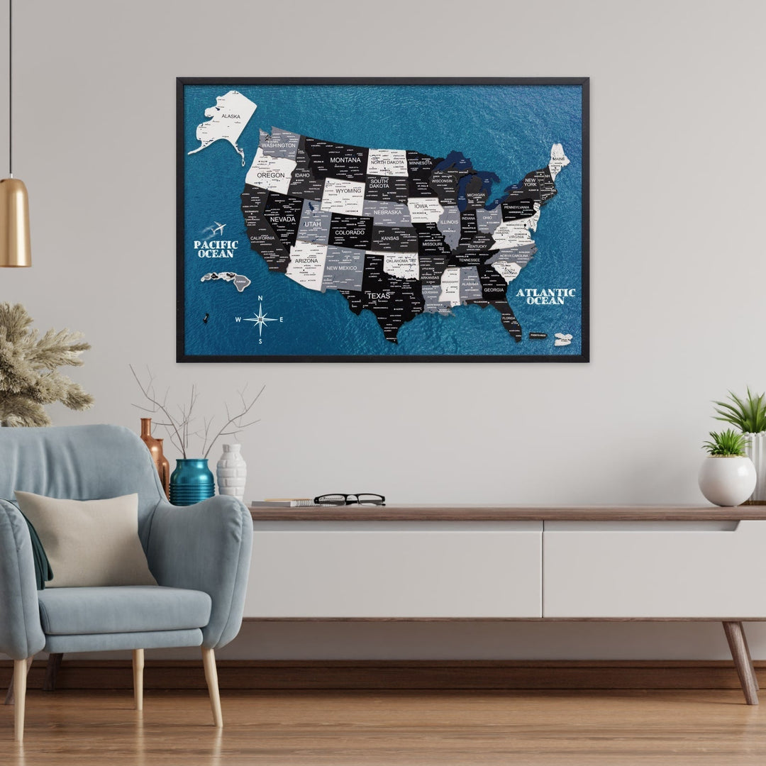 Framed wooden USA map wall board on ocean-blue background with state label blocks