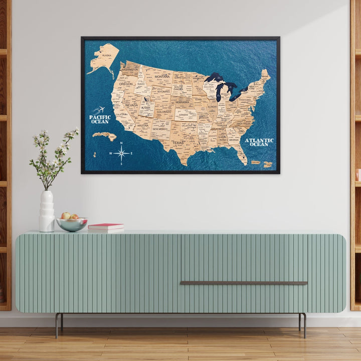 Wall-mounted 3D wooden USA map with blue ocean background and black frame