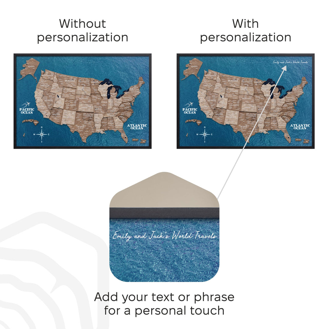 3D wooden USA map on board with blue backing; personalization text area