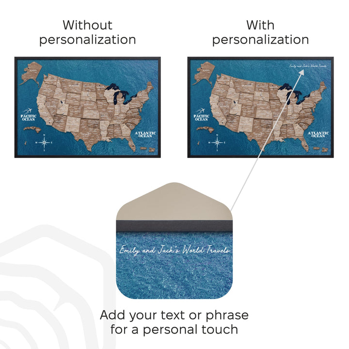3D wooden USA map on board with blue backing; personalization text area