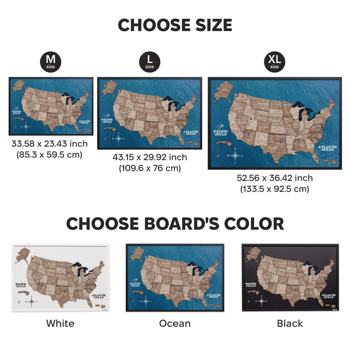 Framed 3D wooden USA map on blue board with raised state pieces