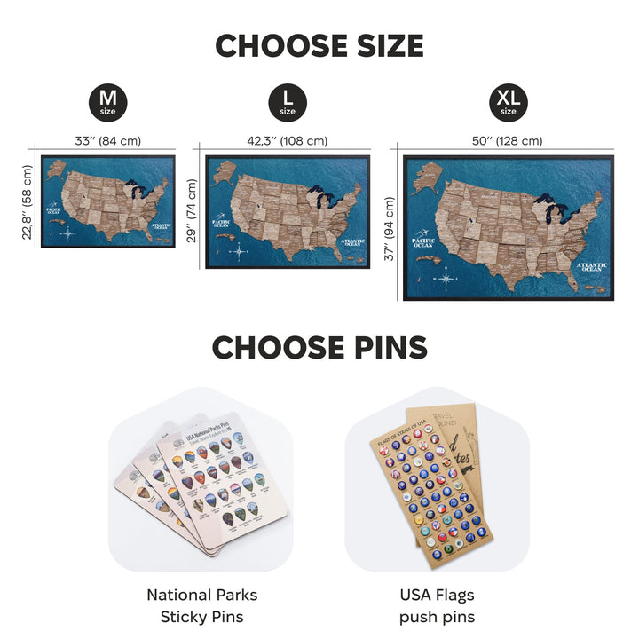 Framed 3D wooden USA map on blue board in sizes M, L, XL
