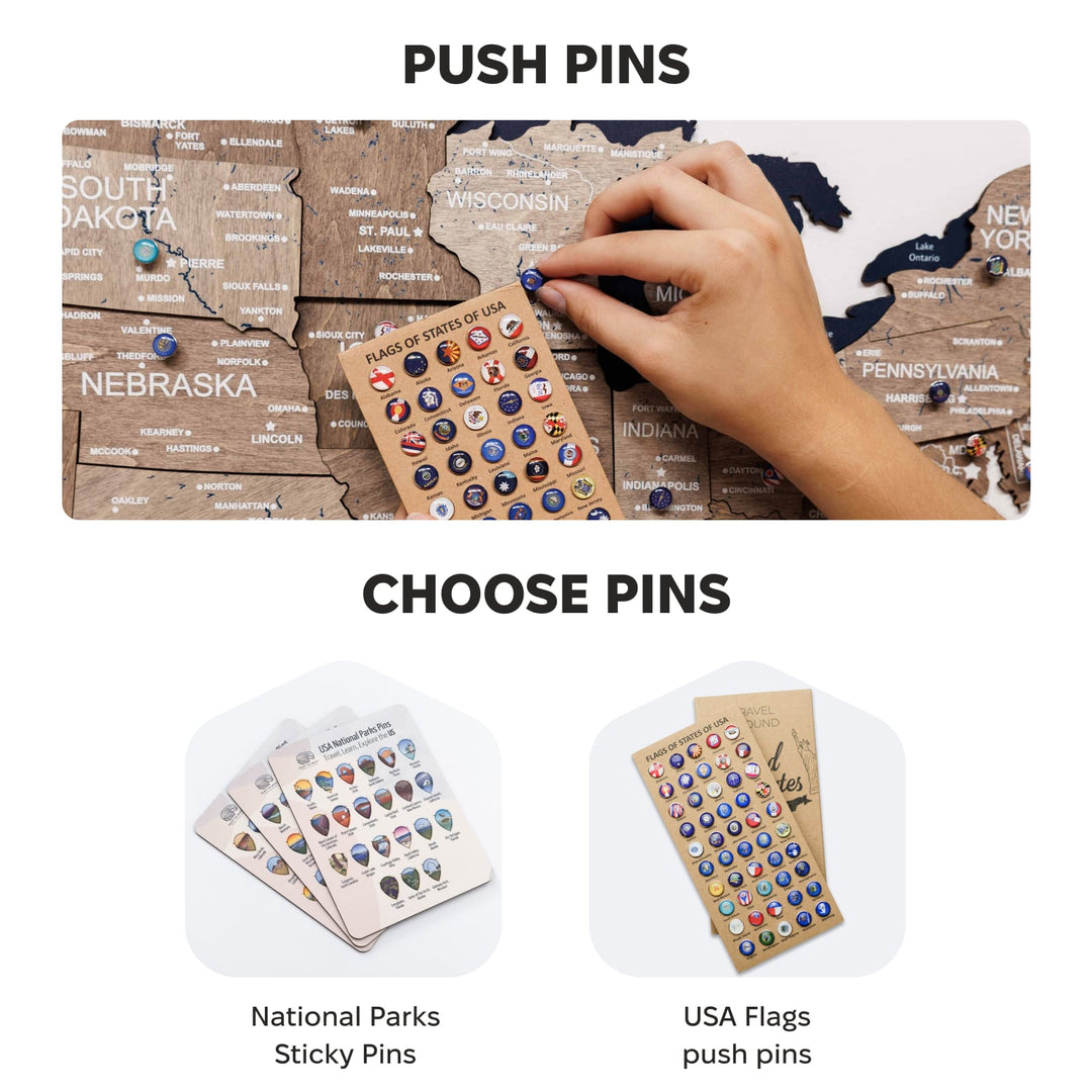 USA map push-pin board with hand adding round pins to raised wooden states