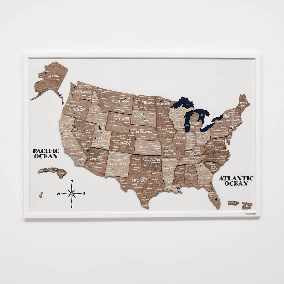 3D wooden USA map wall board in a white frame