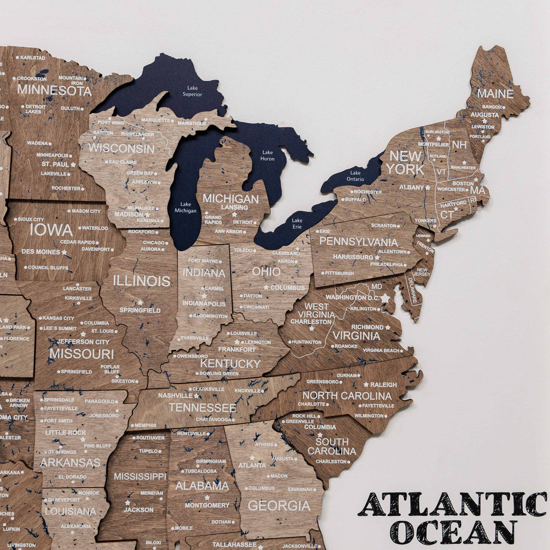 3D wooden USA map wall board close-up with Atlantic Ocean label