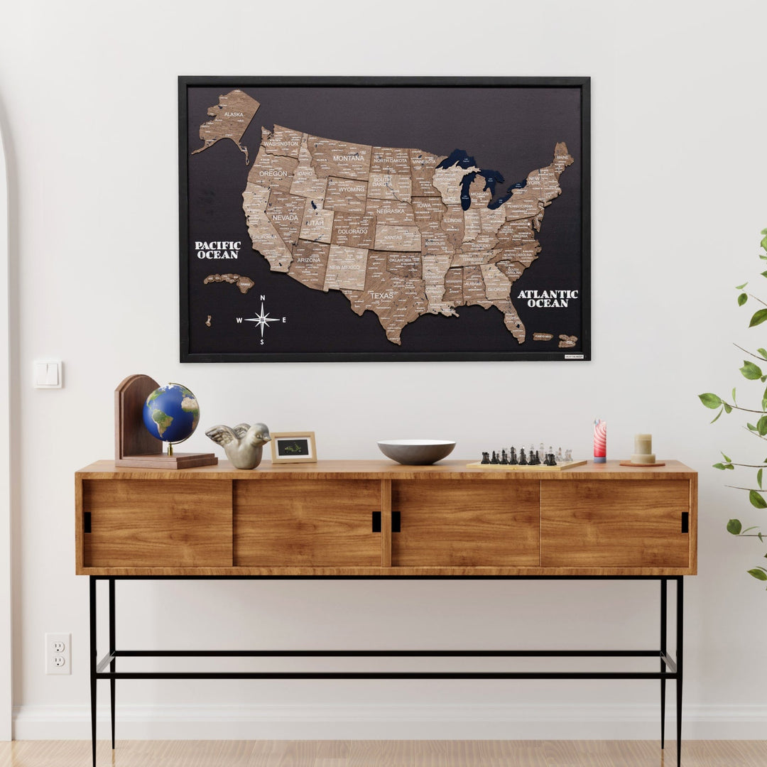 3D wooden USA map wall board in a black frame
