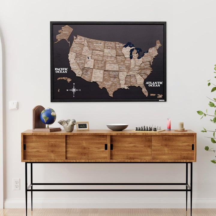 3D wooden USA map wall board in a black frame