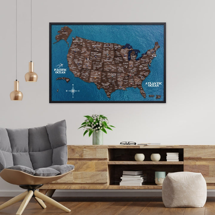 Dark walnut framed wooden USA map wall board with blue ocean and brown state labels