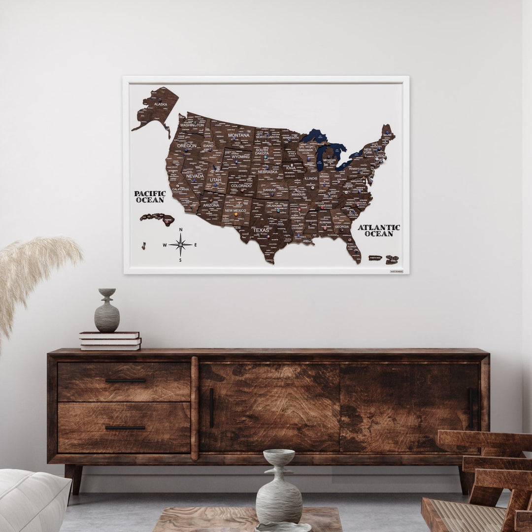 Light framed wooden USA map wall board with blue ocean and brown state label pieces